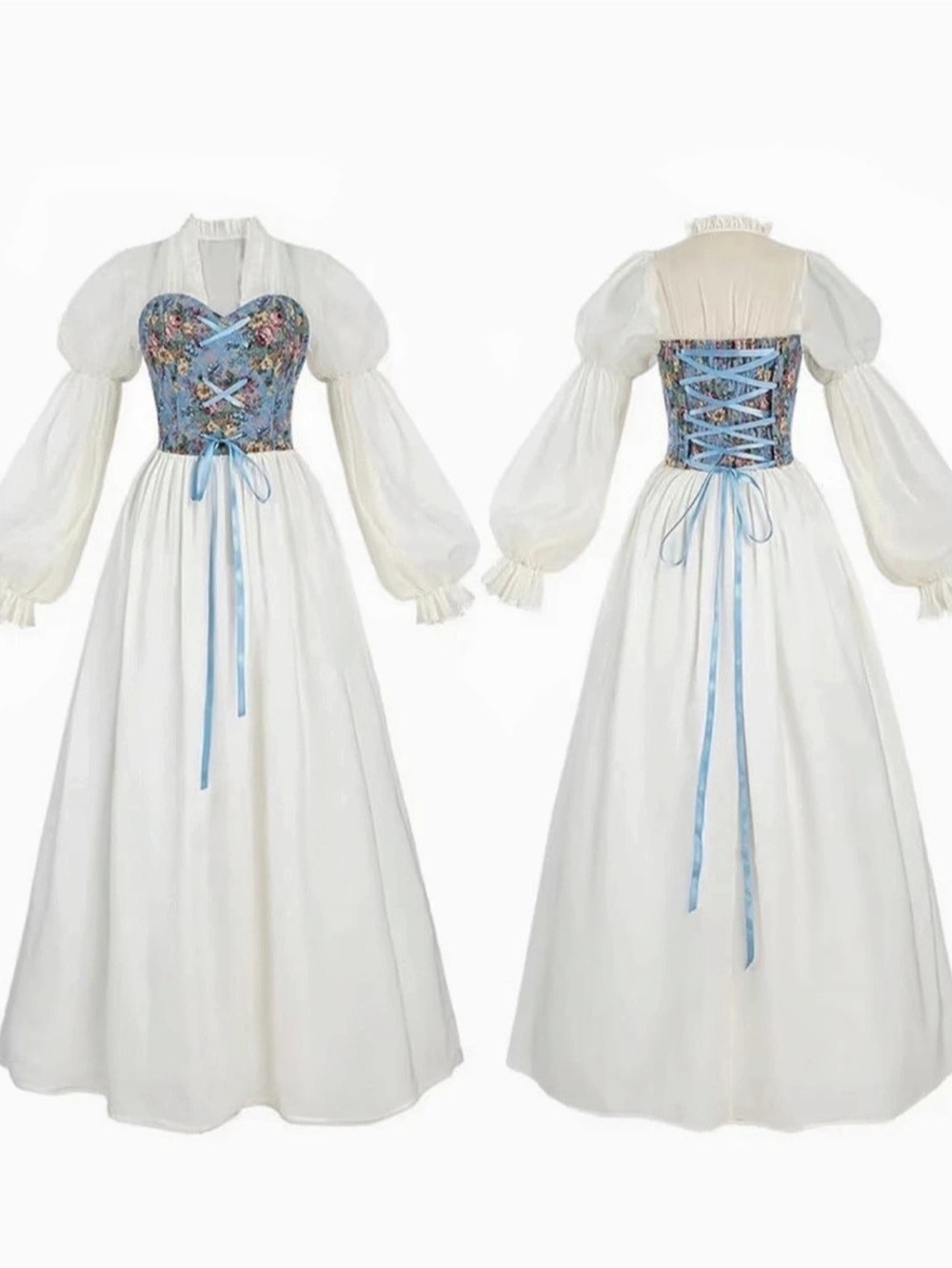 Halloween Floral Corset Maxi Dress in White & Blue
